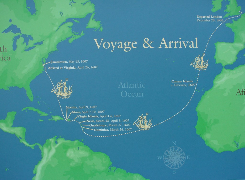 map showing the dates and voyages of the English settlers