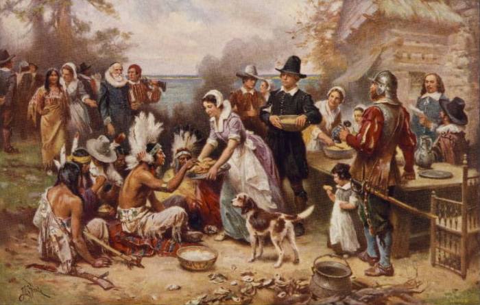 Painting by J.L.G Ferris, titled The First Thanksgiving 1621, was published in 1932