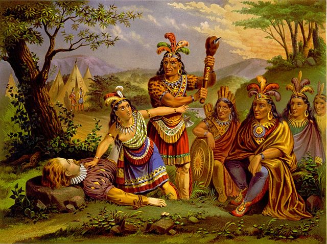 "Pocahontas saves the life of John Smith" by New England Chromo. Lith. Co. - Library of Congress, Photographs Division, LC-USZC4-3368 Licensed under Public Domain