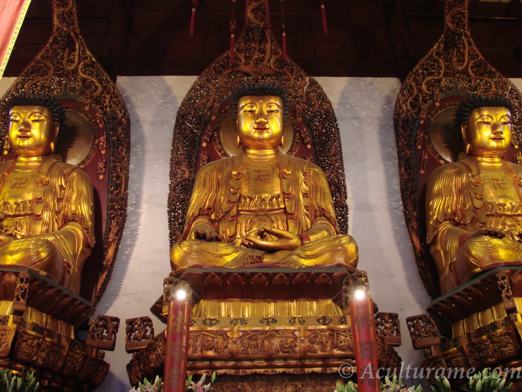 the Three Golden Buddhas The Buddha at the center, Amitabha at the left and Bhaisajyaguru at the right